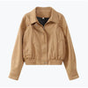 Brown Retro Suede Lapel Zippered Short Jackets Women's Casual Full Sleeves Pocket Loose Coats Spring Daily Commute Outwear