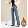 Winter Lady Thermal Plush High Waist Jeans Girls Snow Warm Denim Pants Women Classic Fleece Straight Leg Trousers