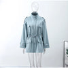 Oversized Tie Waist Short Trench Coat Stand Collar Long Sleeve Patch Pockets Spring Chic Daily Casual Women Jacket