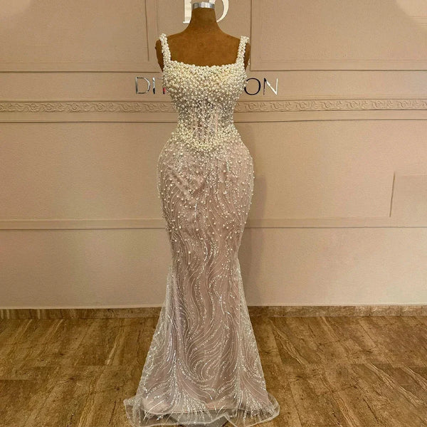 Customized Prom Gowns Column Beading Pearls Gown Square Aristocratic Style Mermaid Evening Dresses Women