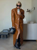 Brown Croc Embossed Faux Leather Long Trench Coat Lapel Single Breasted Straight Long Front Pockets Women Vintage Autumn Winter