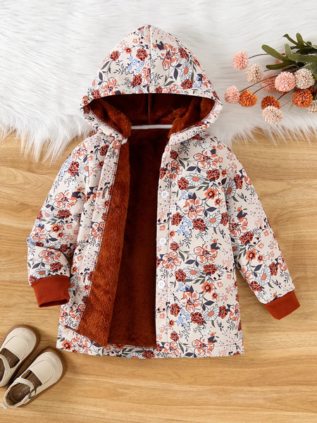 Autumn/Winter Women's Children's Full Print Flower Print Fleece Lined Thickened Hooded Jacket For Daily Casual Wear