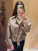 Vintage Plaid Women's Cropped Trench Coat Autumn Lapel Tie Waist Full Sleeve Windbreaker Chic Casual Elegant Jacket