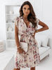 Women's Fly-sleeve Waist Floral Pleat Dress Women's Casual Print Dress Temperament V-neck Dress Woman