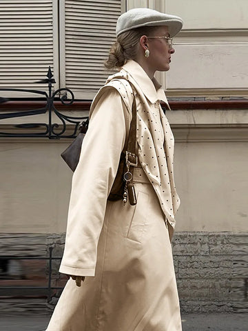 Women Polka Dot Triangle Cape Long Trench Coat Single Button Waist Tie Belt Loose Autumn Daily Street Wear Fashhion
