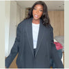 V-Neck Longline Tailored Double-Breasted Blazer Coat Black Peak Lapel Welt Pockets Autumn Elegant Office Women Outerwear