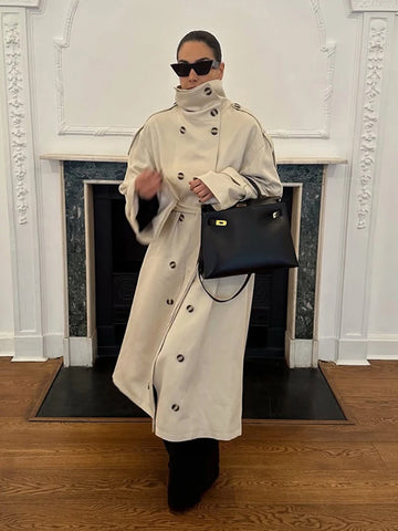 Women's Trench Coat Double Breasted Stand Collar Epaulet Lace Up Long Windbreaker Office Lady Autumn Winter Solid Slim Outerwear