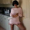 Autumn Winter Women Contrasting Ruffle Hem Mini Dress Elegant O-neck Long Sleeve Bodycon Dresses Street Short Robes
