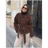 Brown Suede Belt Short Trench Coat Women High Funnel Collar Epaulet Raglan Sleeve Waist Tie Coats Vintage Autumn Commuter Jacket