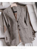 Coffee Plaid Blazer Women Tempeament Wool Long Sleeve Slim Jacket Office Ladies Work Coat Gray Tops