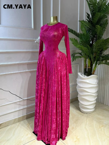 Women O-neck Long Sleeve Big Swing Pleated Maxi Dress Evening Sexy Parties Birthday Vacation Long Dresses Vestidos
