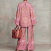 Women Flare Sleeve Printed 2 Piece Sets Stand Collar Loose Blouse High Waist Wide Leg Pants Suit Boho Solid Resort Casual Outfit