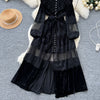 French Vintage Lace Embroidery Patchwork Velvet Dress Women Long Lantern Sleeve Pearl Buttons Lace Up Wedding Party Prom Vestido