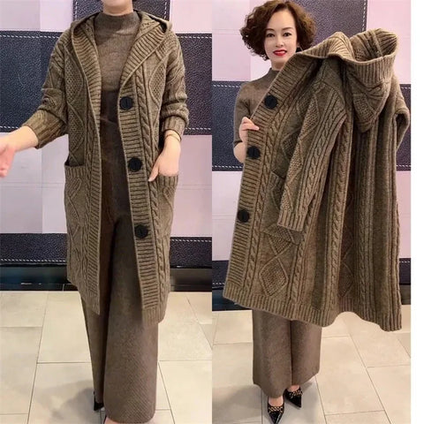Spring Autumn Jacquard Twists Cardigan Sweater Large Size Women Long Hooded Single Breasted Knitted Cardigan Coat M-5XL