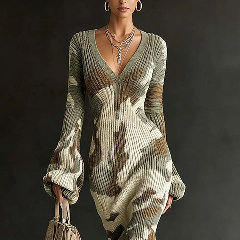 Women's Vintage Camo Print Knitted Maxi Dress Elegant V-Neck High Waist Flare Long Sleeve Slim Fit Tassel Hem Sweater Chic Dress
