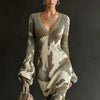 Women's Vintage Camo Print Knitted Maxi Dress Elegant V-Neck High Waist Flare Long Sleeve Slim Fit Tassel Hem Sweater Chic Dress
