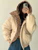 Women Deer Spotted Hooded Puffer Jacket Brown White Dots Drawstring Hood Cropped Elastic Cuff Coats Warm Winter Casual Outerwear