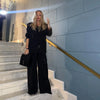 Women Black Sequin Embroidery Blazer 2 Piece Set Full Sleeve Lapel V-neck Coat Wide Leg Pants Suit Lady Spring Outfits