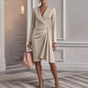 Women's Long-sleeved Dress V-neck Black High-waisted Slim Cross-elegant Office White Female Midi Skirt