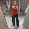 Heart Print Contrast Women Denim Two Piece Set Lapel Waist Cinched Cropped Jacket Wide Leg Jeans Outfit Woman Matching Set