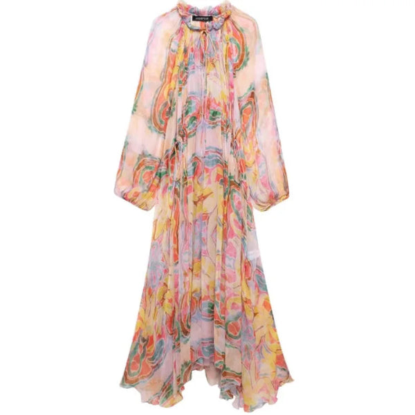 Women's Casual Loose Series Printed Long Sleeve Dress Colorful Abstract Print Chiffon Maxi Dress Long Sleeve Dress Elegant Vmlr