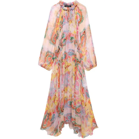 Women's Casual Loose Series Printed Long Sleeve Dress Colorful Abstract Print Chiffon Maxi Dress Long Sleeve Dress Elegant Vmlr