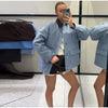 Casual Blue Multiple Patch Pocket Jacket Women Chic Corduroy Collar Single Breasted Short Coat Lady Daily Spring Wear