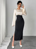 Women Maxi Dress Bell Sleeve Color Block Satin Bodycon Casual Dresses Elegant Spring Sexy Evening Wedding Guest Party Date Dress