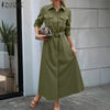 Women Autumn Cargo Maxi Long Dresses Casual Long Sleeve Pockets Belted Collared Shirt Dress Commuting Workwear S-3XL