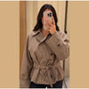 Vintage Plaid Belted Jackets Women Slim Full Sleeves Double-breasted Lapel Cropped Coats Ladies Autumn Outwear