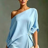 Women One Cold Shoulder Midi Dresses Loose Solid Draped Knot Waist Irregular Hem Dress Elegant Guest Holiday Formal Dress