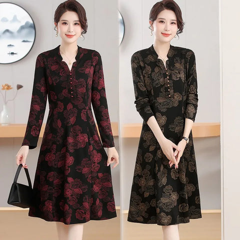 Long Sleeve Dress Women Floral Print Elegant V Collar Autumn and Winter Female Clothing Slim All-match Casual Button Midi Dress
