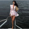 Women's Pink Floral Print Puff Sleeve Dress With Waistband Deep V-neck Chic Satin Ruffled Hem Mini Dress Elegant Sexy Robes