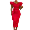 Women Short Ruffles Sleeve O-neck Ribbon Bodycon Midi Dress Street Africa OL Evening Sexy Party Dresses Vestido