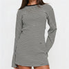 Y2K Striped T Shirt Dress Women Long Flare Sleeve Crew Neck Contrast Trim Ruched Side Curved Hem Casual Mini Streetwear Dress