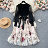 Senior Knitted Patchwork Dress Long Lantern Sleeves Bow Mesh Embroidery Floral Women Autumn France Elegant Party Dress