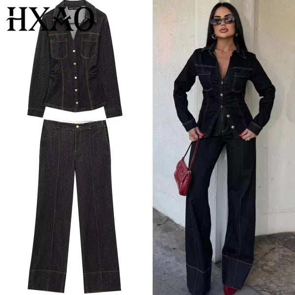 Black Denim Pant Sets Women's Two Pieces Set Slim Long Sleeve Shirt 2 Piece Sets Woman Outfit High Waist Flare Trousers Set