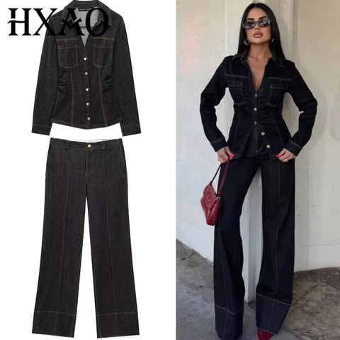 Black Denim Pant Sets Women's Two Pieces Set Slim Long Sleeve Shirt 2 Piece Sets Woman Outfit High Waist Flare Trousers Set