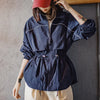 Women's Lightweight Stand Collar Short Windbreaker Jacket Navy Blue Contrast Parka with Waist Cinching for Spring and Fall