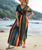 Women's Fashionable Short Sleeved Vertical Stripe Printed Casual Elegant Loose and Comfortable Fitting Dress