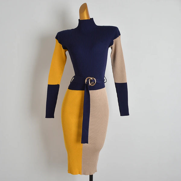 Fall Winter Knit Rib Wrap Hips Bodycon Pencil Dress for Women Elegant Long Sleeve Turtleneck Sweater Dress with Belt