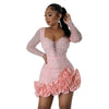 Women Dress Diamonds Splice Ruffles Mini Dresses Square Collar Full Sleeve Slim Fit Sold Evening Party Vestidos Elegant Ladies
