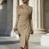 Sexy Turtleneck Off Shoulder Hollow Party Dresses Woman Spring Slid Ruched Slit Midi Dress Elegant Long Sleeve Office Lady Dress