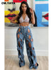 Women Vintage Cutout Hollow Out Criss Cross Straight Denim Pants High Waist Wide Leg Jeans Trousers