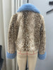 Deer Print Faux Fur Cropped Jacket Women Blue Contrast Lapel Cuff Button Up Fluffy Warm Coat Winter Casual Street Outwear