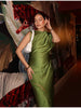 Olive Green Satin Maxi Dress Women Elegant Shawl Design Lace Trim Asymmetrical Hem Ruched Bodycon Formal Dinner Gown