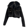 Real Fur Denim Jacket Women Autumn Fried Street Style Natural Fox Fur Collar + Rabbit Fur Liner Warm Rivet Short Jean Coat