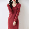Women Pure Wool Sweater Dresses Long Sleeve Purllover 100% Merino Wool V-neck Knitwear Spring Autumn Grace Striped Dresses