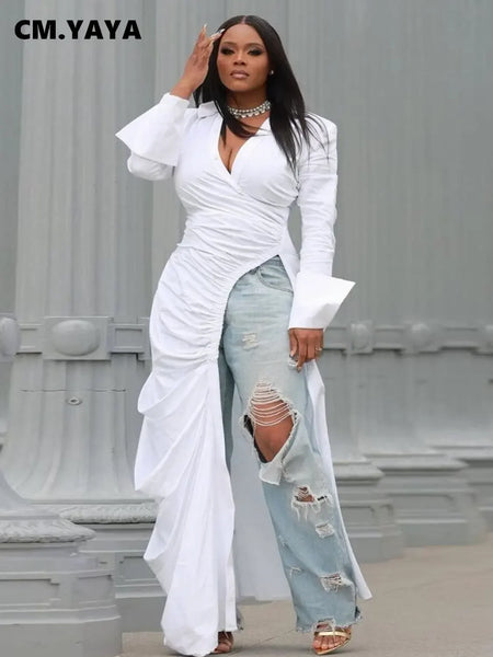 Vintage Women Long Sleeve High Side Split Ruched Up Wrap Lapel Collar White Maxi Long Dress Street Dresses