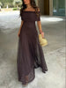 Women Mesh Maxi Dress Off Shoulder Fold Over Tube Top Ruched Waist Flowy A Line Floor Length Resort Wedding Guest Evening Gown